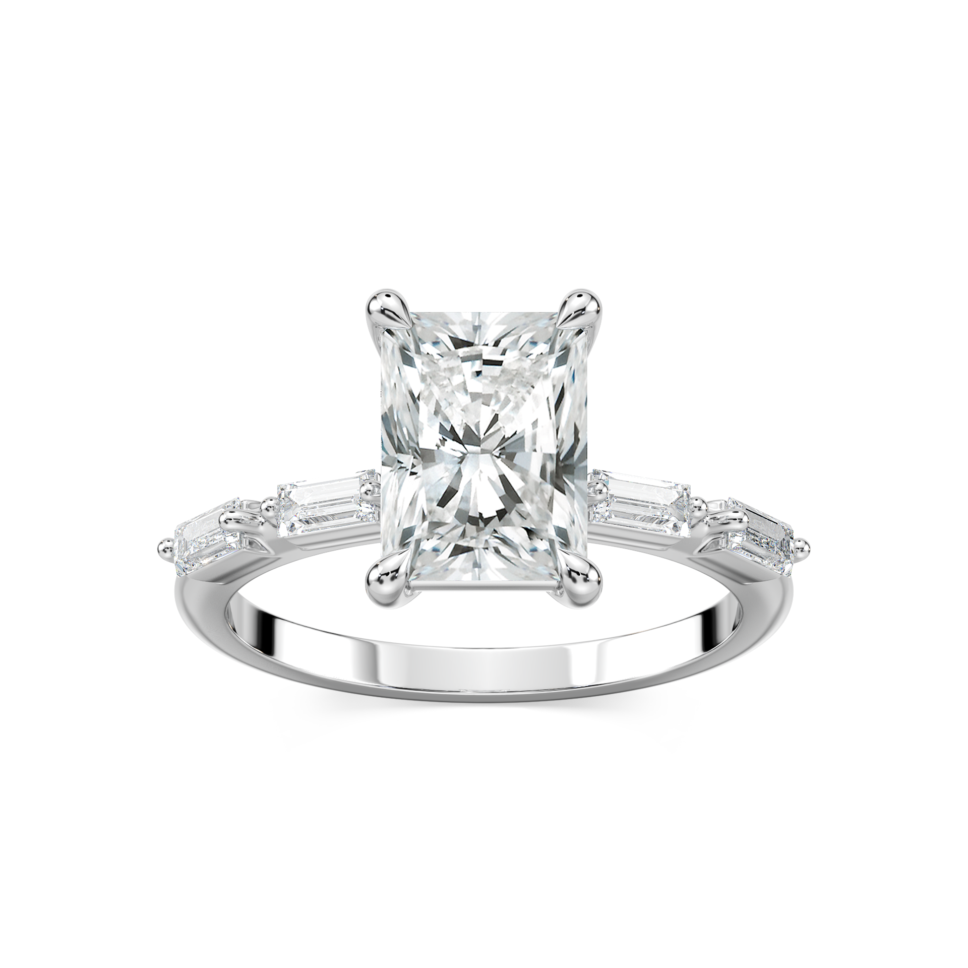 Kira Radiant Lab Grown Diamond Spaced Baguette Side Stone Engagement Ring