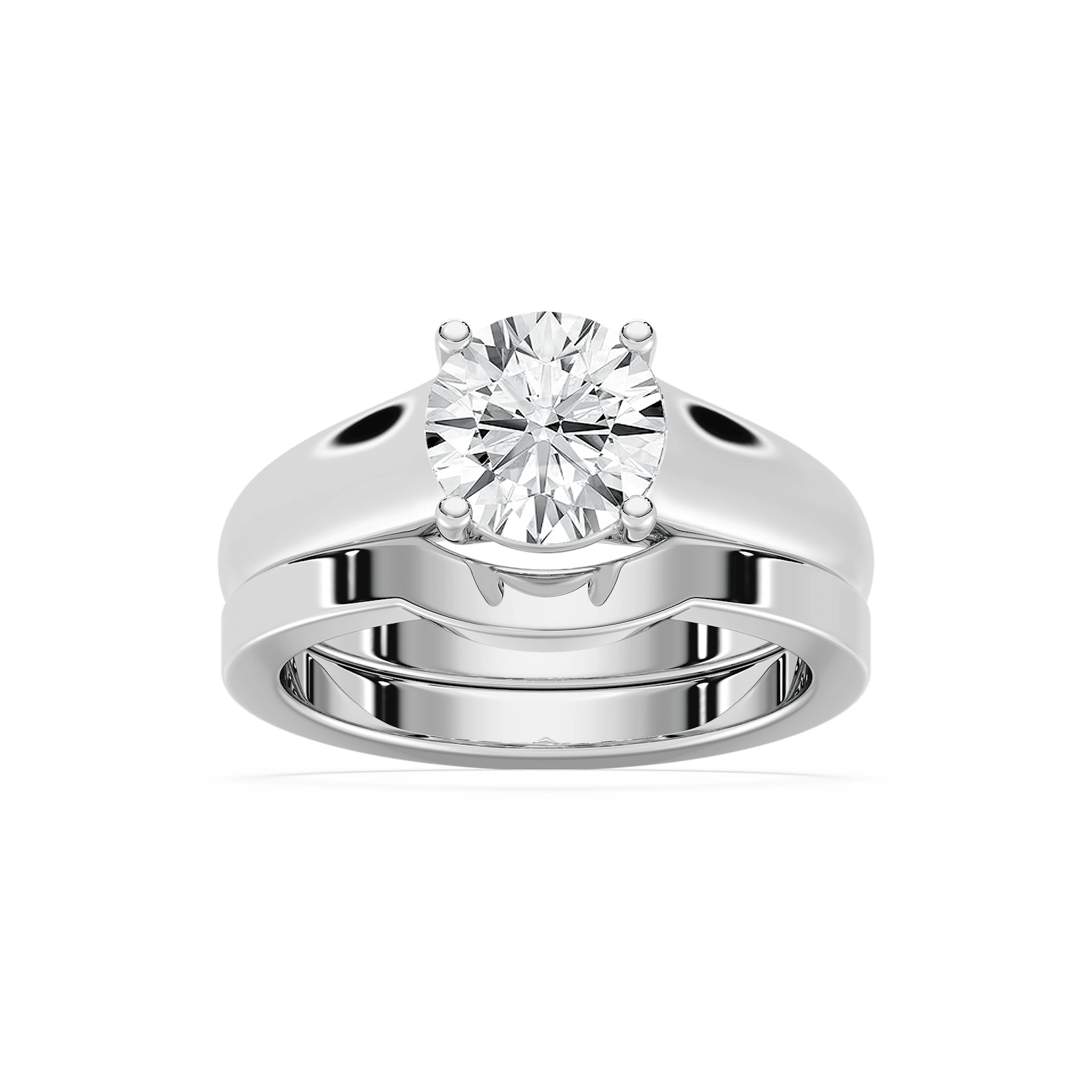 Shown with a 1.0ct Round cut Lab-Grown Diamond in recycled 14K white gold with matching wedding band | wedding set solitaire Shown with a 1.0ct Round cut Lab-Grown Diamond in recycled 14K white gold with matching wedding band