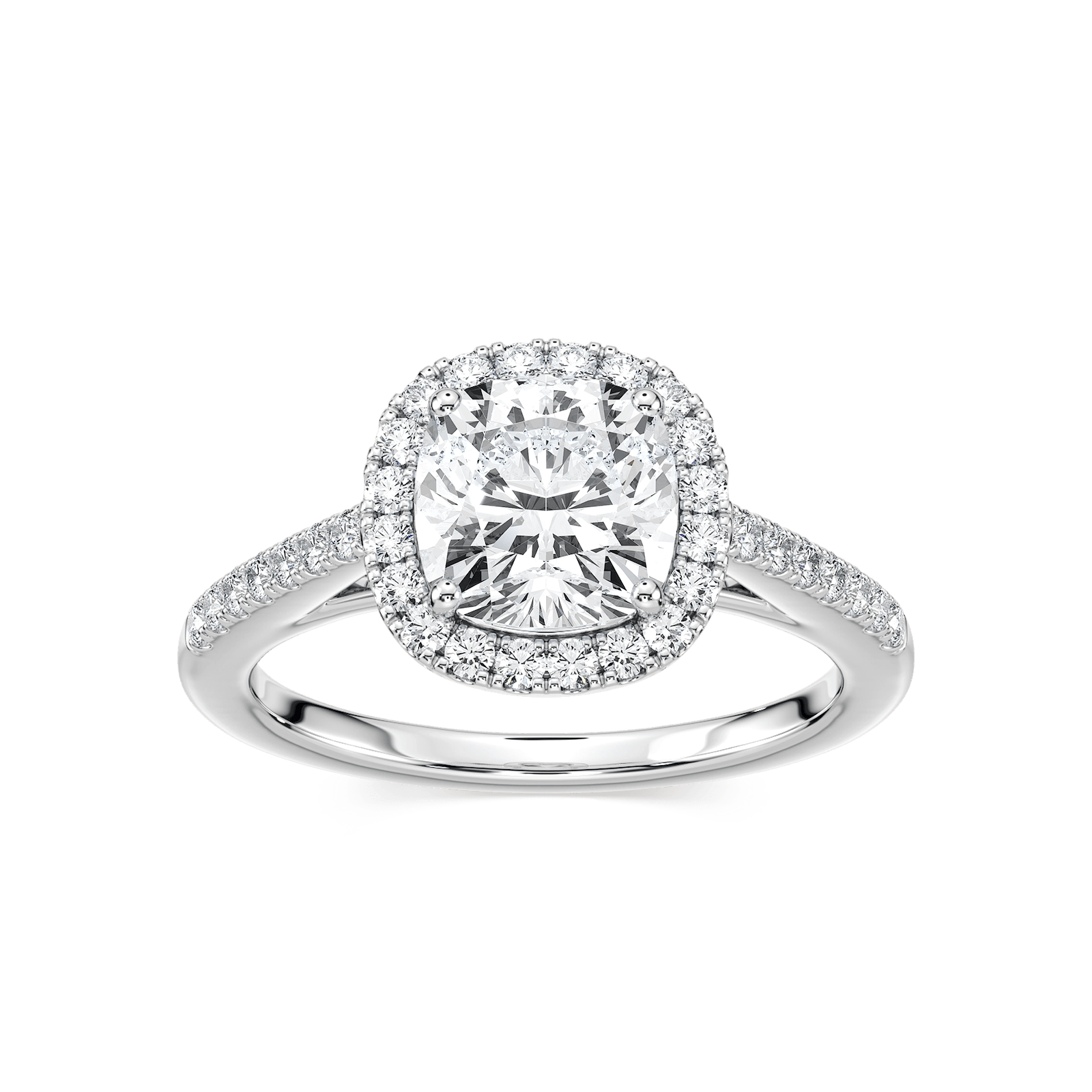 Shown with 1ct Cushion Cut Lab Grown Diamond in 14k White Gold|Vintage style diamond accented cushion shaped halo engagement ring with 1ct lab grown diamond in 14k white gold setting