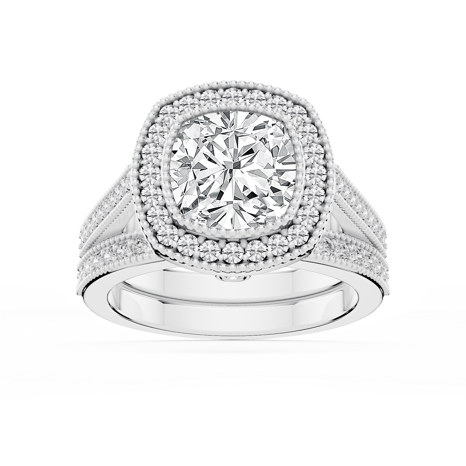 Tiffani Lab Grown Diamond Halo Milgrain and Beaded Prong Wedding Set