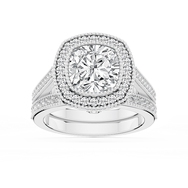Tiffani Lab Grown Diamond Halo Milgrain and Beaded Prong Wedding Set
