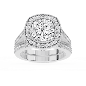 Misty Lab Grown Diamond Halo Milgrain and Beaded Prong Wedding Set