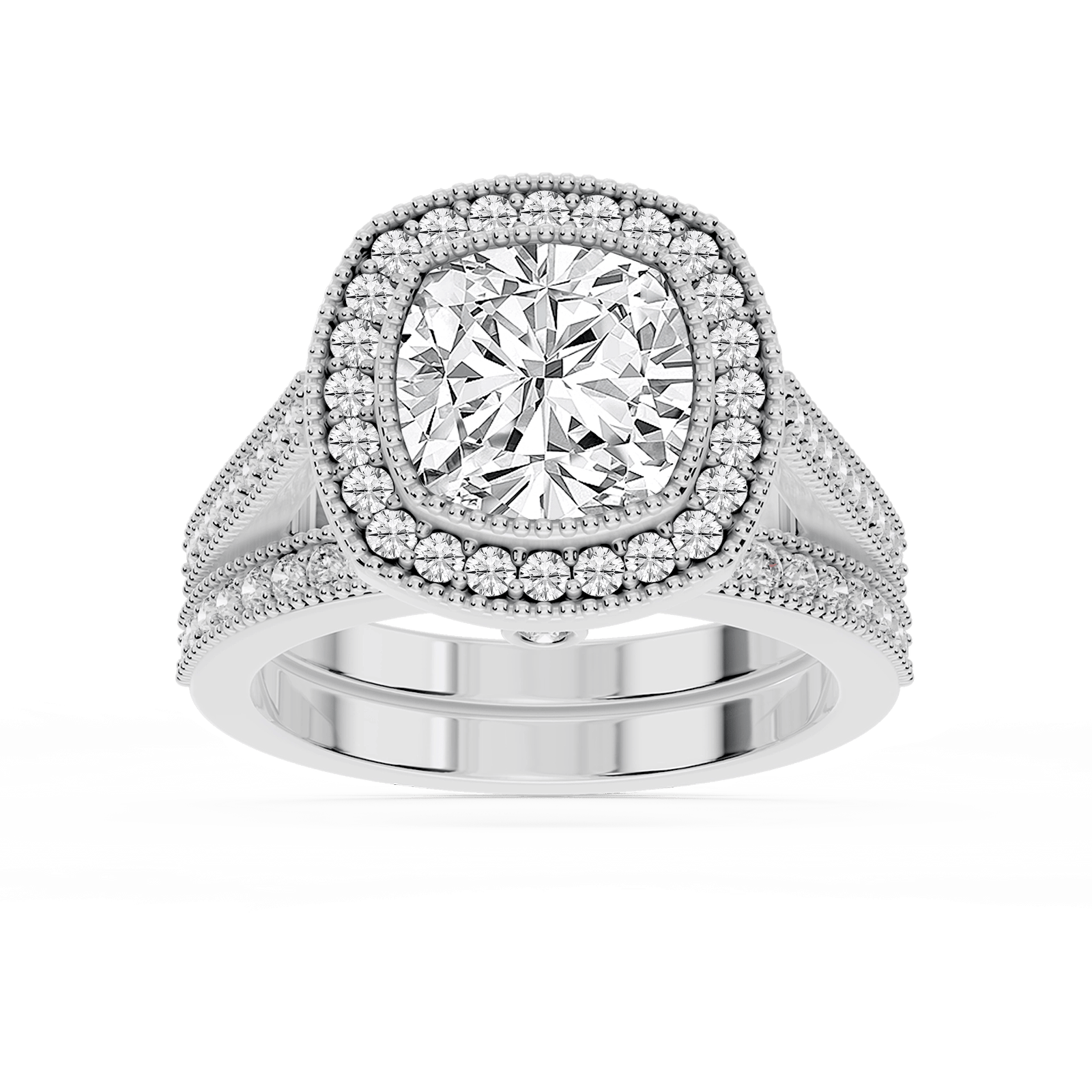 Tiffani Lab Grown Diamond Halo Milgrain and Beaded Prong Wedding Set