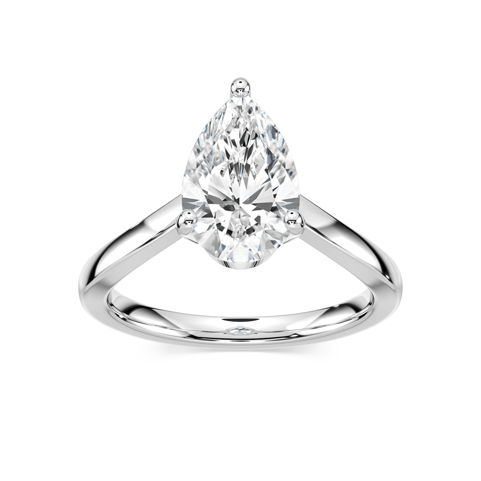 Shown with 1ct Pear Cut Lab Grown Diamond in 14k White Gold|Simple solitaire teardrop engagement ring with 1ct pear cut lab grown diamond in 14k white gold setting