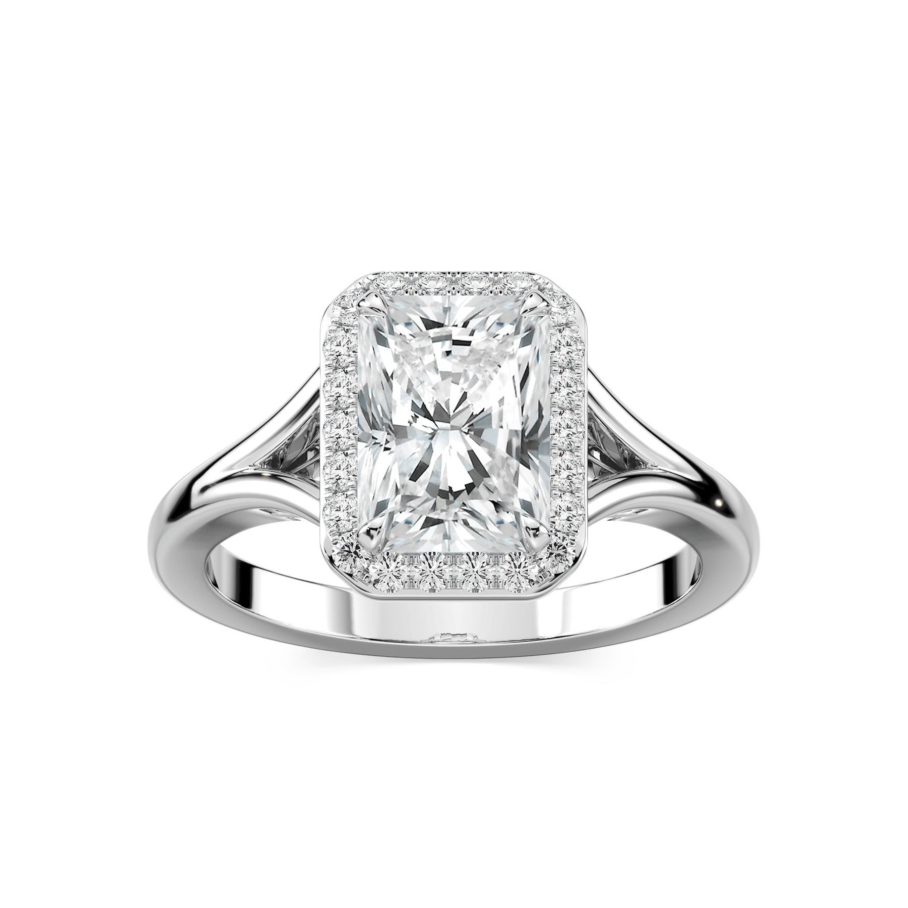 Maia Radiant Lab Grown Diamond Split Shank Halo Engagement Ring