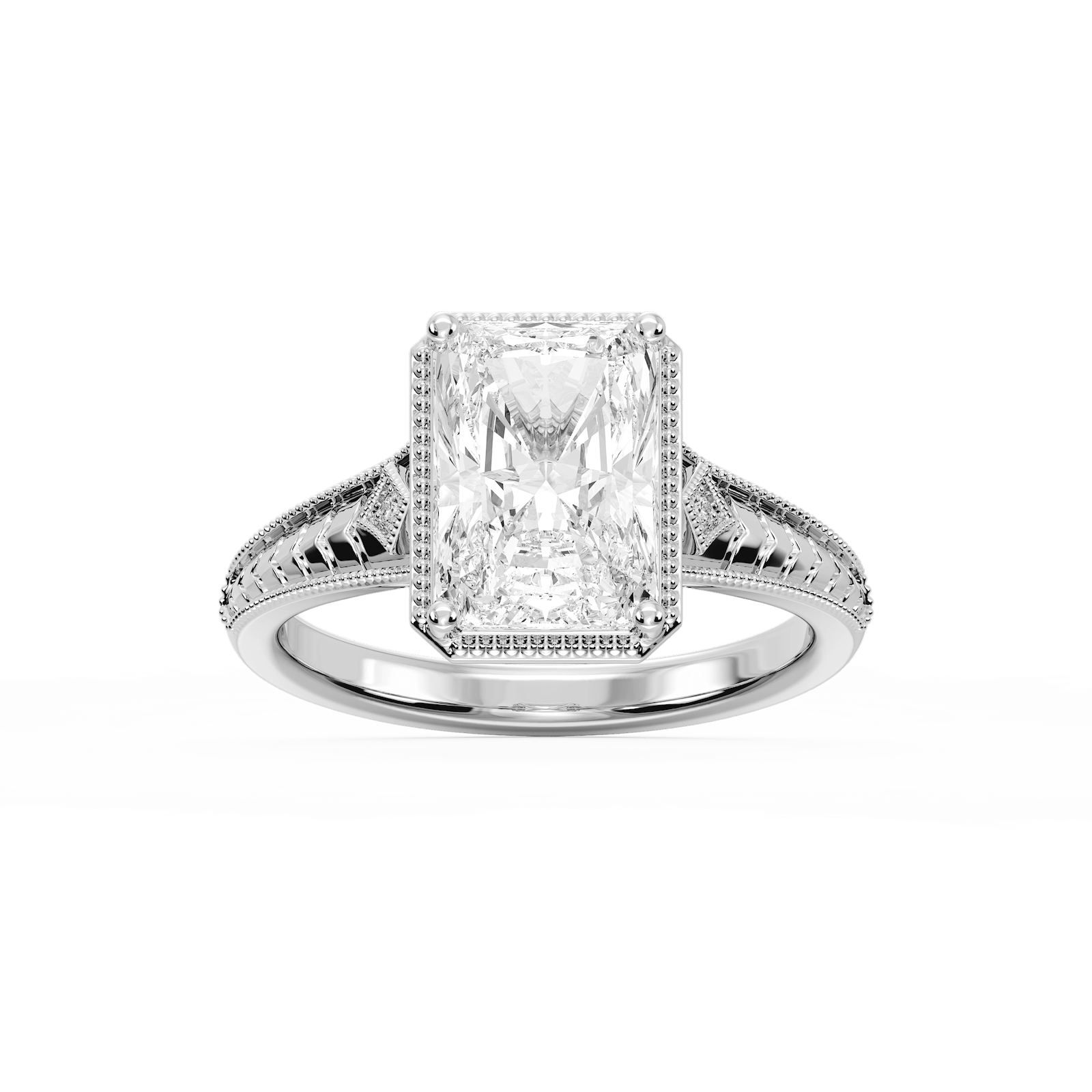 Mariana Radiant Lab Grown Diamond Vintage Milgrain Bezel Side Stone Engagement Ring