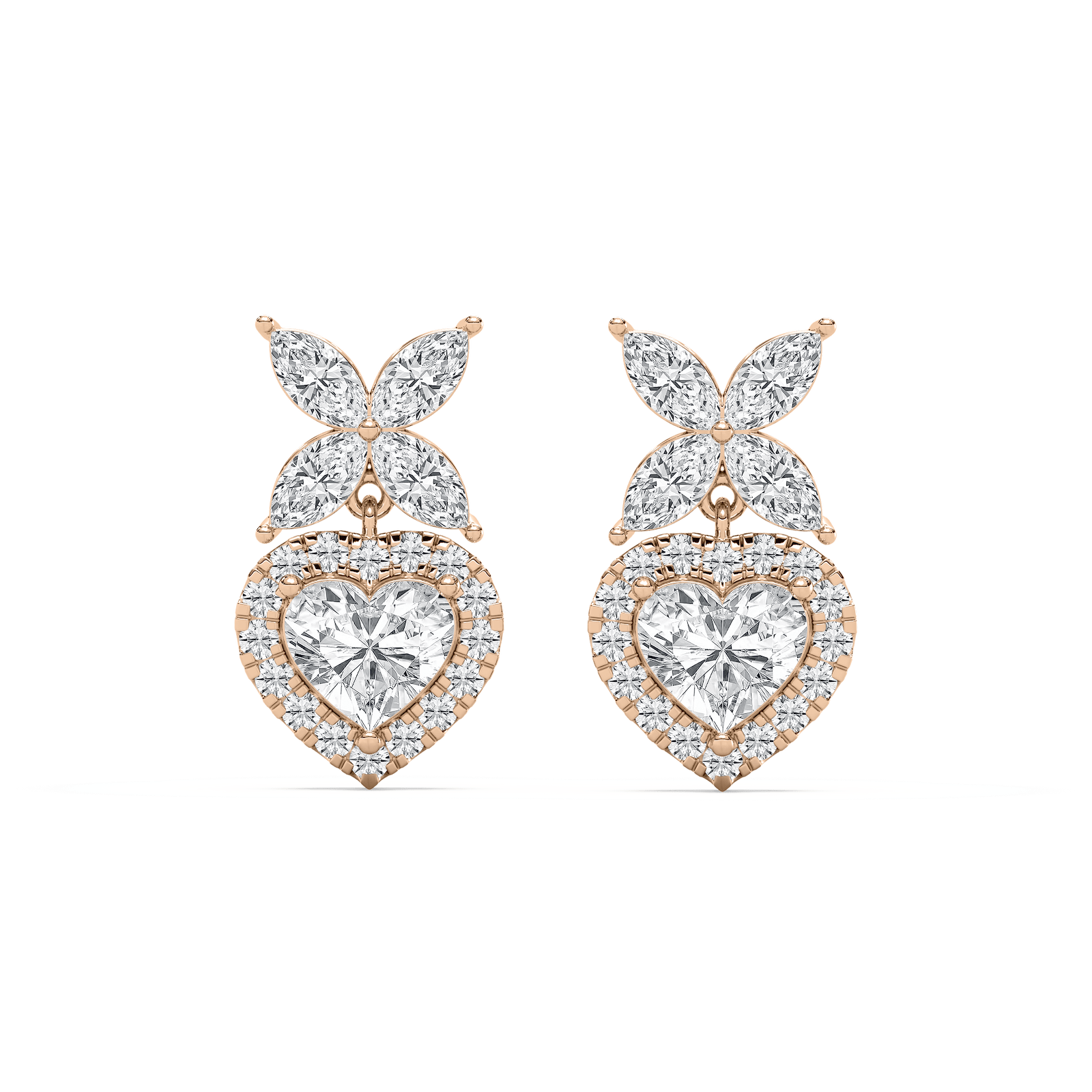 marquise petal heart earrings in rose gold