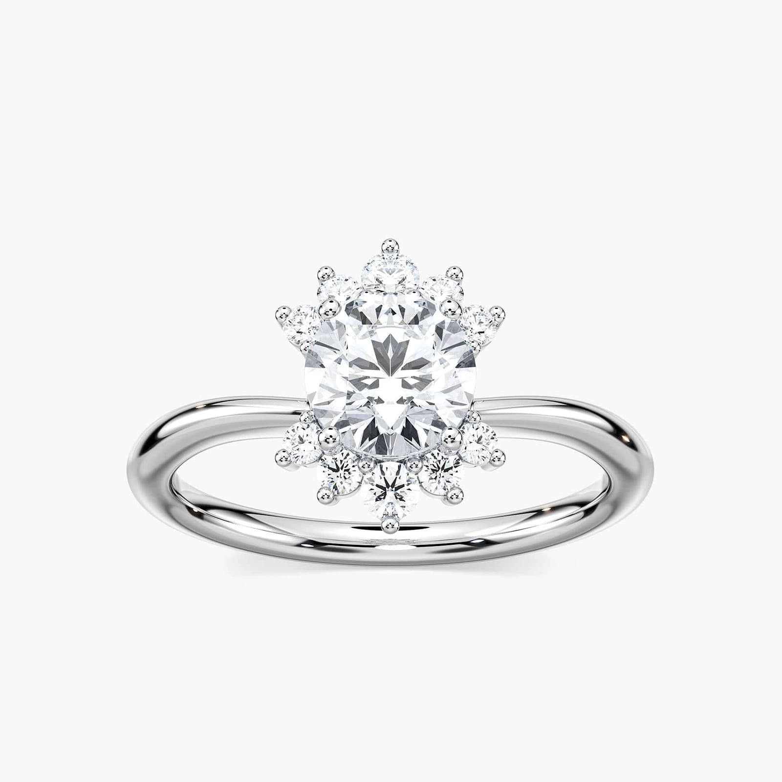 Shown with 1ct Round cut Lab Grown Diamond in 14k Rose Gold|Nature inspired engagement ring with floral diamond halo design featuring 1ct round cut lab grown diamond in 14k rose gold