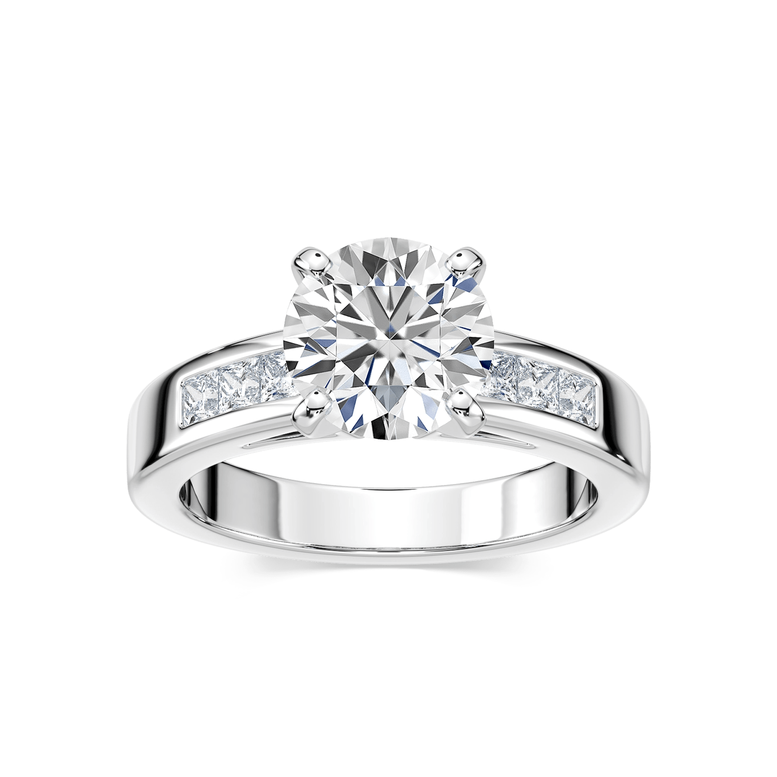 Shown with 1ct Princess Cut Lab Grown Diamond in 14k White Gold|Beautiful engagement ring with cathedral style 1ct princess cut lab grown diamond in channel set diamond accented 14k white gold band