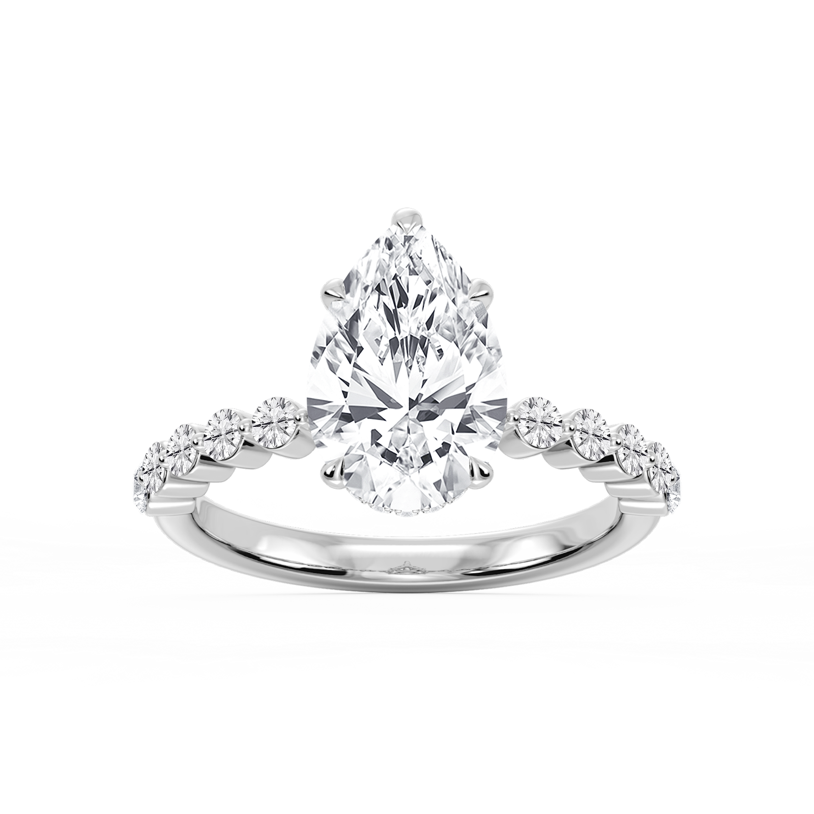 Melody Pear Lab Grown Diamond Single Shared Prong Collar Hidden Halo Engagement Ring