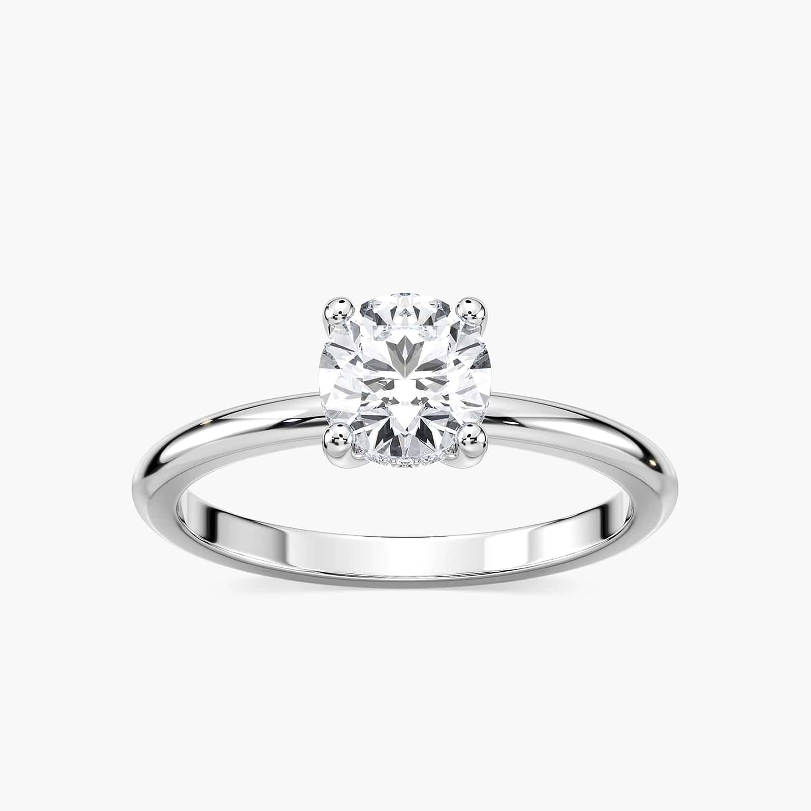 Shown with 3ct Oval Cut Lab Grown Diamond in 14k Yellow Gold|Elegant hidden halo engagement ring with 4 prong set 3ct oval cut lab grown diamond in thin 14k yellow gold band