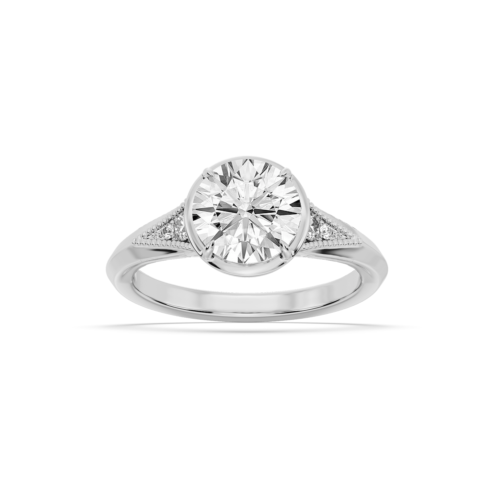 Mira Round Lab Grown Diamond Vintage Bezel and Milgrain Accent Side Stone Engagement Ring
