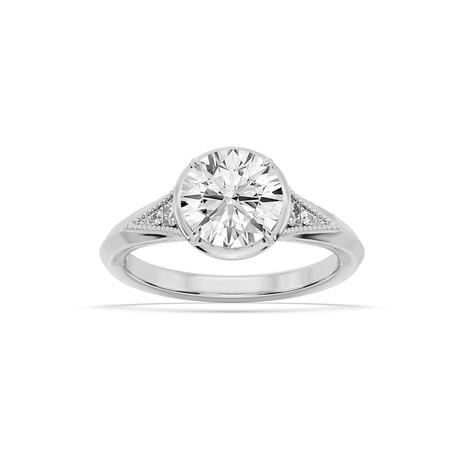 Mira Round Lab Grown Diamond Vintage Bezel and Milgrain Accent Side Stone Engagement Ring
