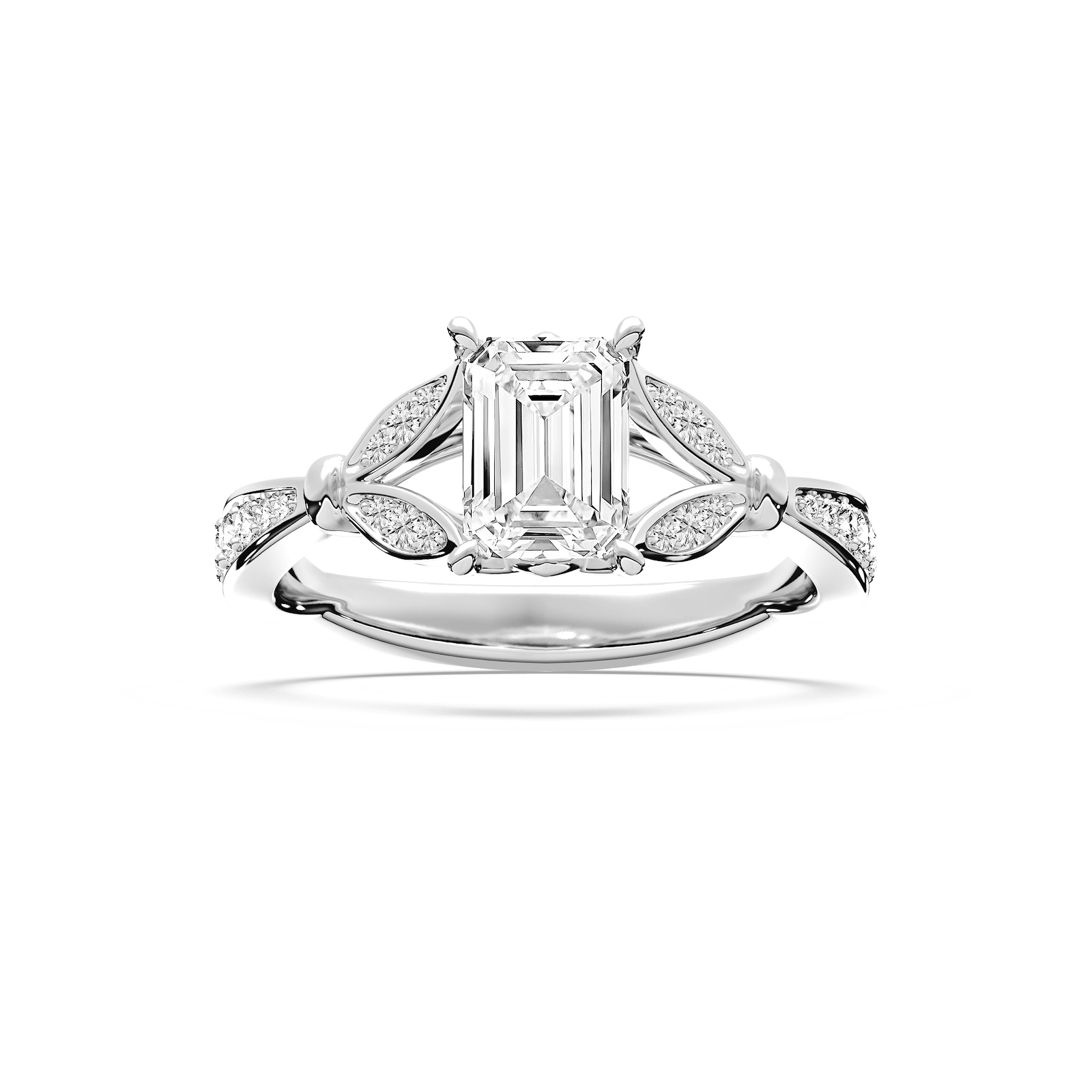 Nadine 1 ⅔ ctw Emerald Lab Grown Diamond Floral Side Stone Engagement Ring