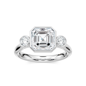 Nina 2 ½ ctw Asscher Lab Grown Diamond Bezel Set Three Stone Engagement Ring