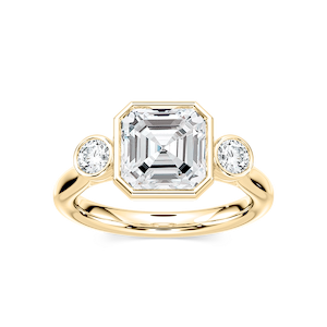 Nina 2 ½ ctw Asscher Lab Grown Diamond Bezel Set Three Stone Engagement Ring