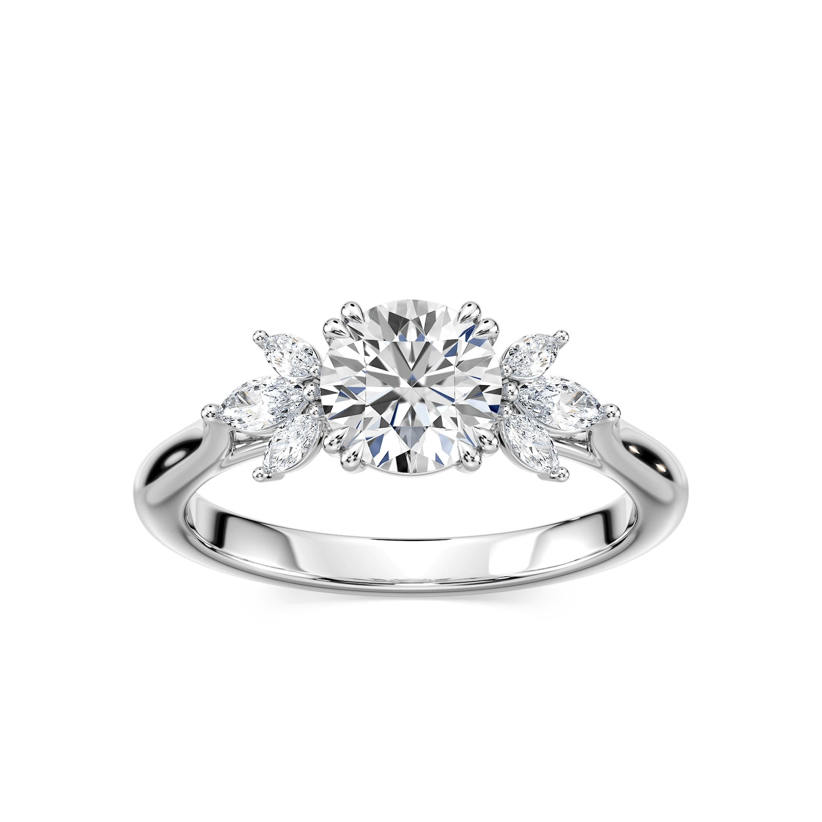 Shown here with a 1.0ct Round Cut Lab Grown Diamond center stone in 14K Rose Gold|floral inspired diamond accented engagement ring with round cut lab grown diamond center stone set in 14k rose gold metal