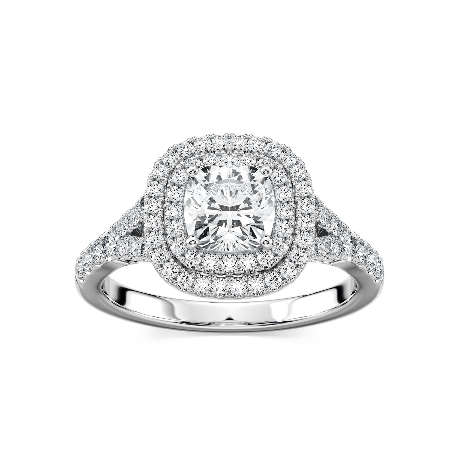 Shown with 1ct Cushion Cut Lab Grown Diamond in 14k White Gold|Luxurious double halo split shank engagement ring with diamond accents surrounding a 1ct cushion cut lab grown diamond in 14k white gold