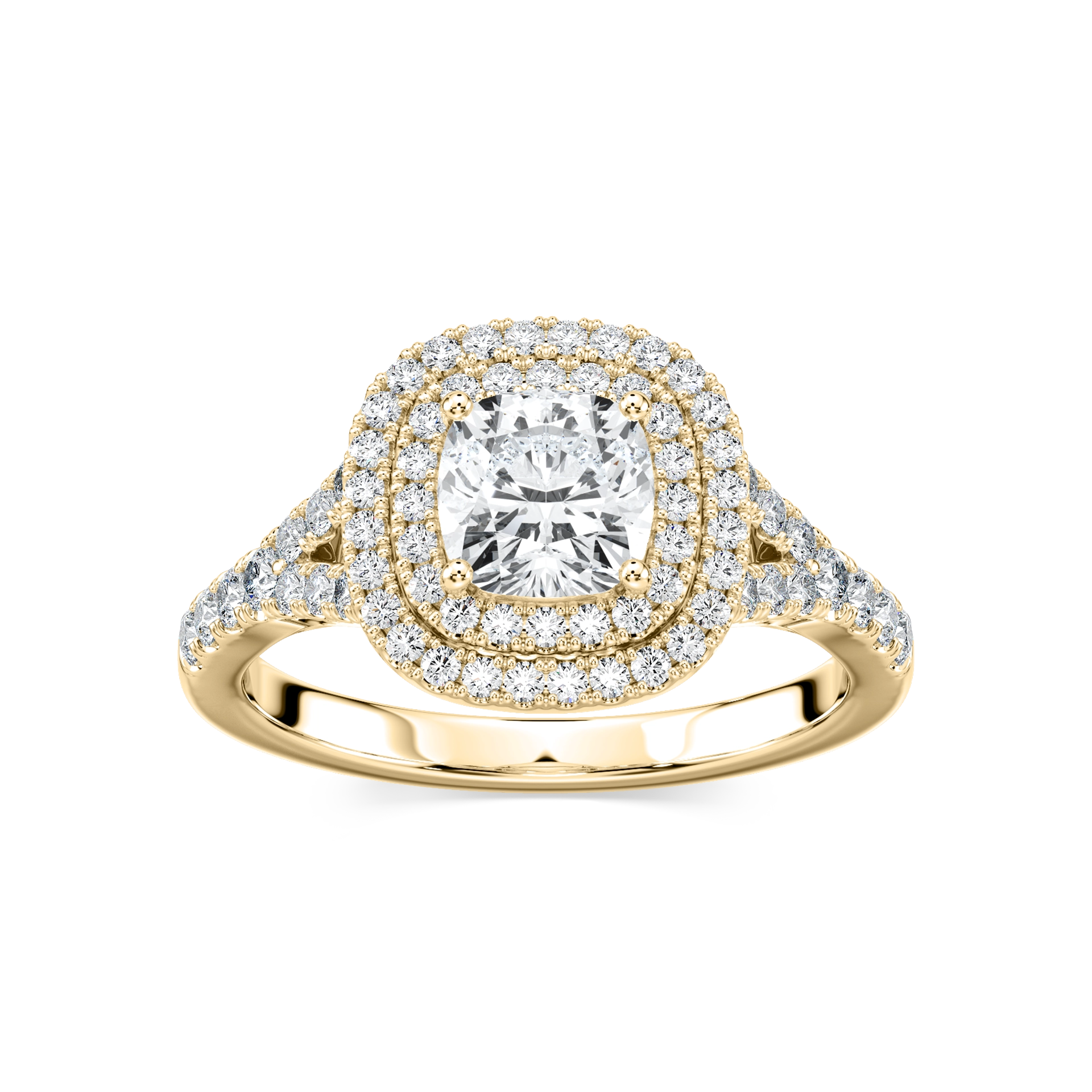 Novia Cushion Lab Grown Diamond Split Shank Double Halo Engagement Ring
