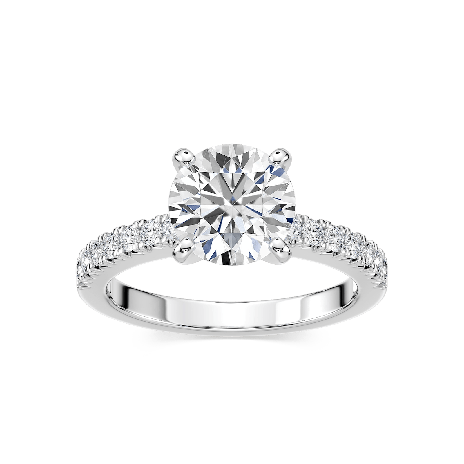Shown with 1ct Round Cut Lab Grown Diamond in Platinum|Affordable pave set diamond accented engagement ring with 1ct round cut lab grown diamond in platinum setting