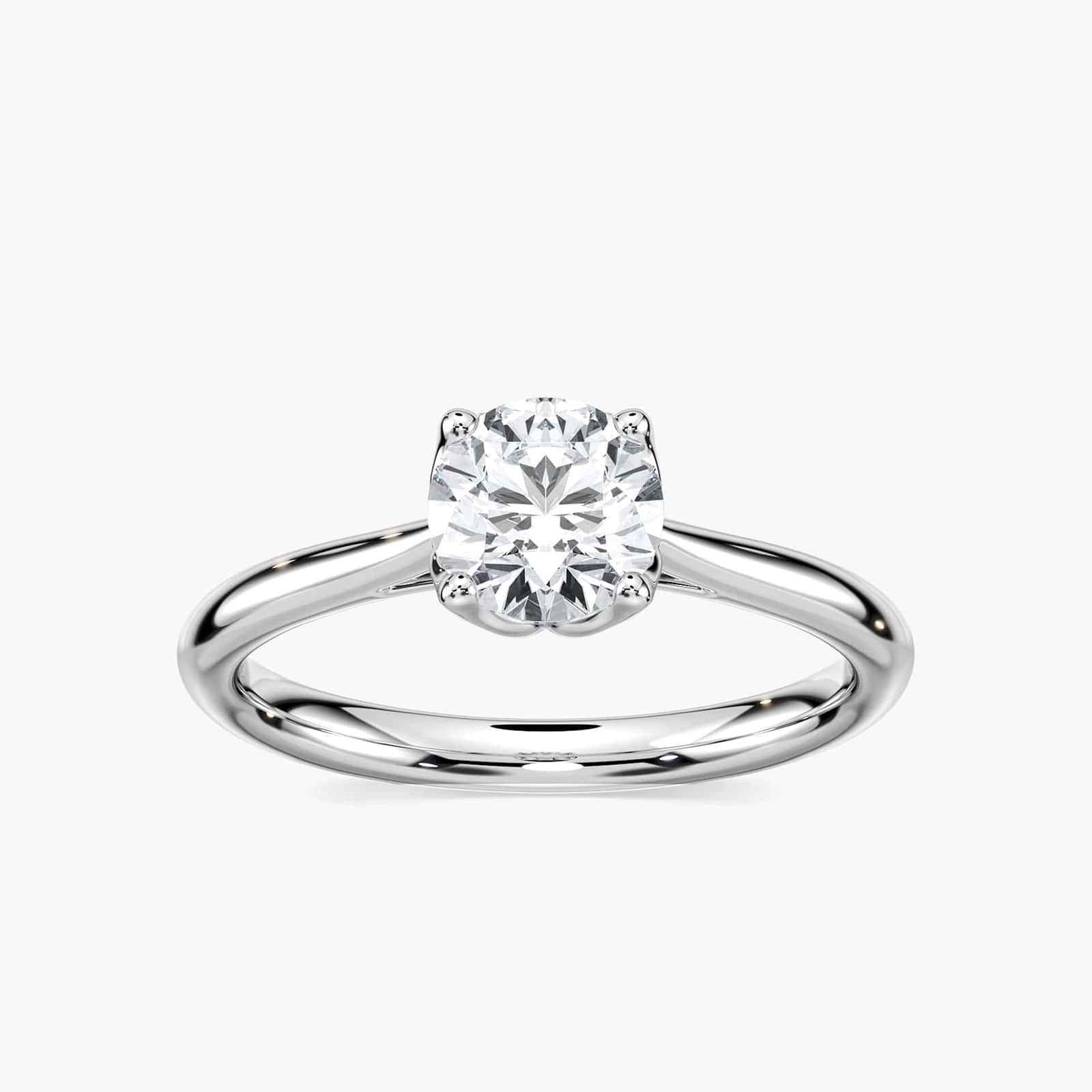 Shown here with a 1.0ct Round Cut Lab Grown Diamond center stone in 14K Yellow Gold|solitaire engagement ring with nature inspired floral prong head with lab grown diamond center stone set in 14k yellow gold metal