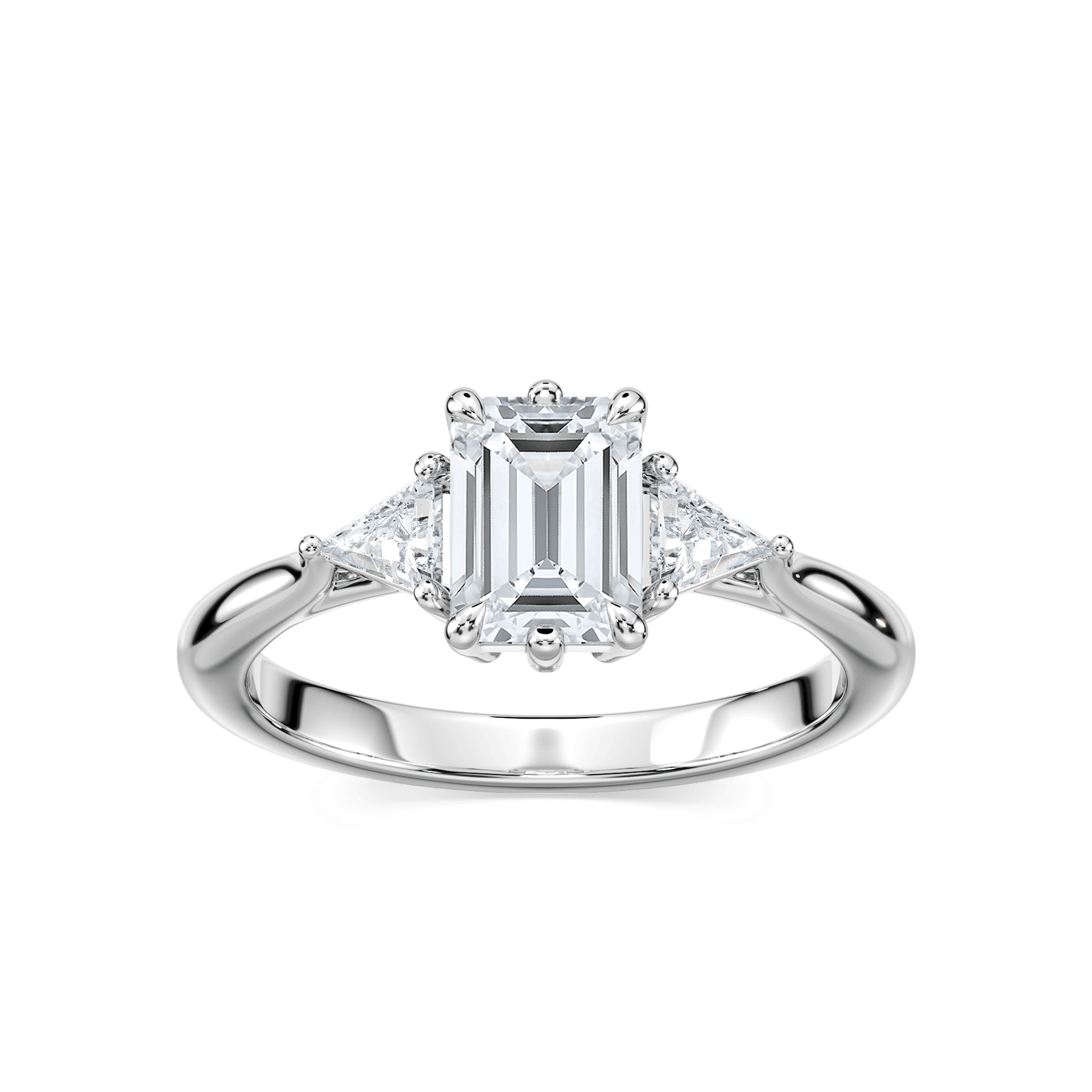 Shown with a 2ct Emerald Cut & Two Triangle Cut Lab Grown Diamonds|Gorgeous conflict free three stone engagement ring with 2ct emerald cut lab grown diamond center stone with triangle side stones set in 14k white gold band