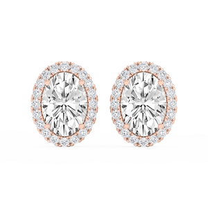 Oval Lab Grown Diamond Four Prong Basket Halo Stud Earrings