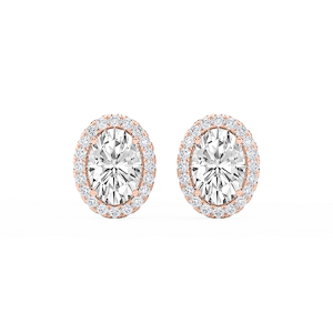 Oval Lab Grown Diamond Four Prong Basket Halo Stud Earrings