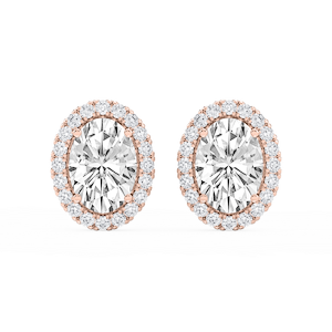 Oval Lab Grown Diamond Four Prong Basket Halo Stud Earrings
