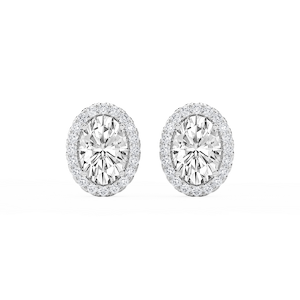 Oval Lab Grown Diamond Four Prong Basket Halo Stud Earrings