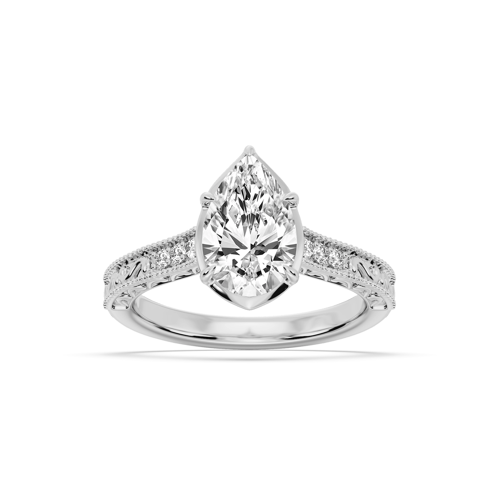 Paige Pear Lab Grown Diamond Vintage Bezel and Scroll Side Stone Engagement Ring