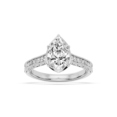 Paige Pear Lab Grown Diamond Vintage Bezel and Scroll Side Stone Engagement Ring