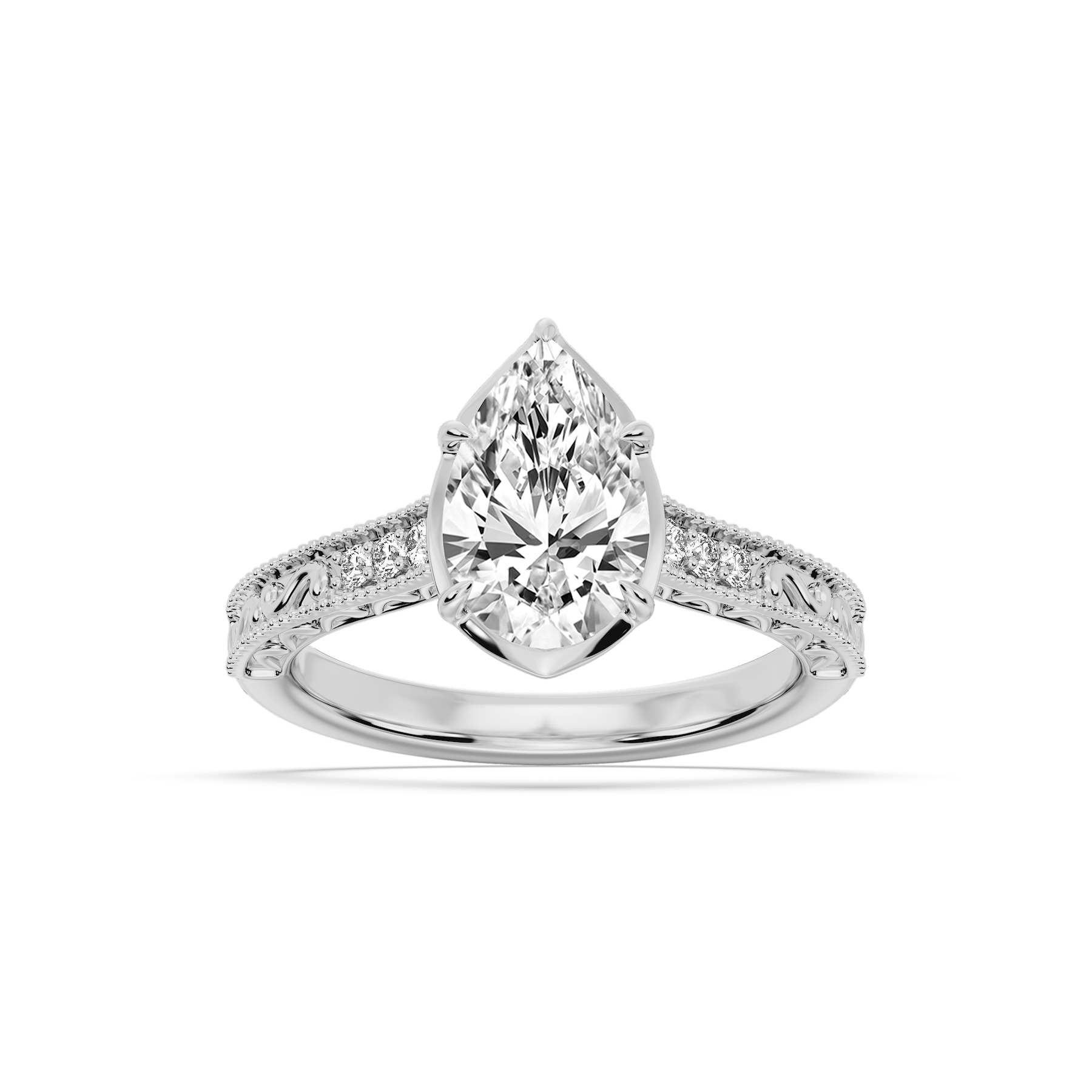Paige Pear Lab Grown Diamond Vintage Bezel and Scroll Side Stone Engagement Ring