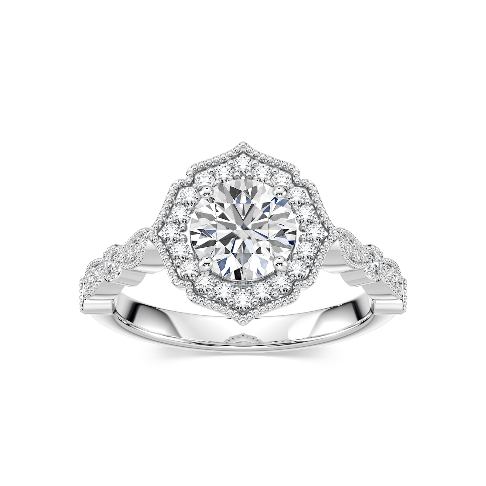 Shown with 1ct Oval Cut Lab Grown Diamond in 14k Yellow Gold|Romantic vintage style diamond accented halo engagement ring with a 1ct oval cut lab grown diamond set in filigree and milgrain detailed 14k yellow gold band