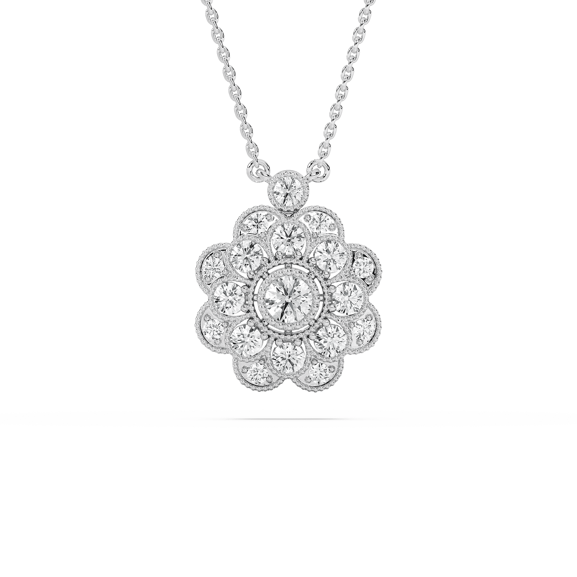 7/8 ctw Round Lab Grown Diamond Beaded Peony Pendant  - 18 Inches
