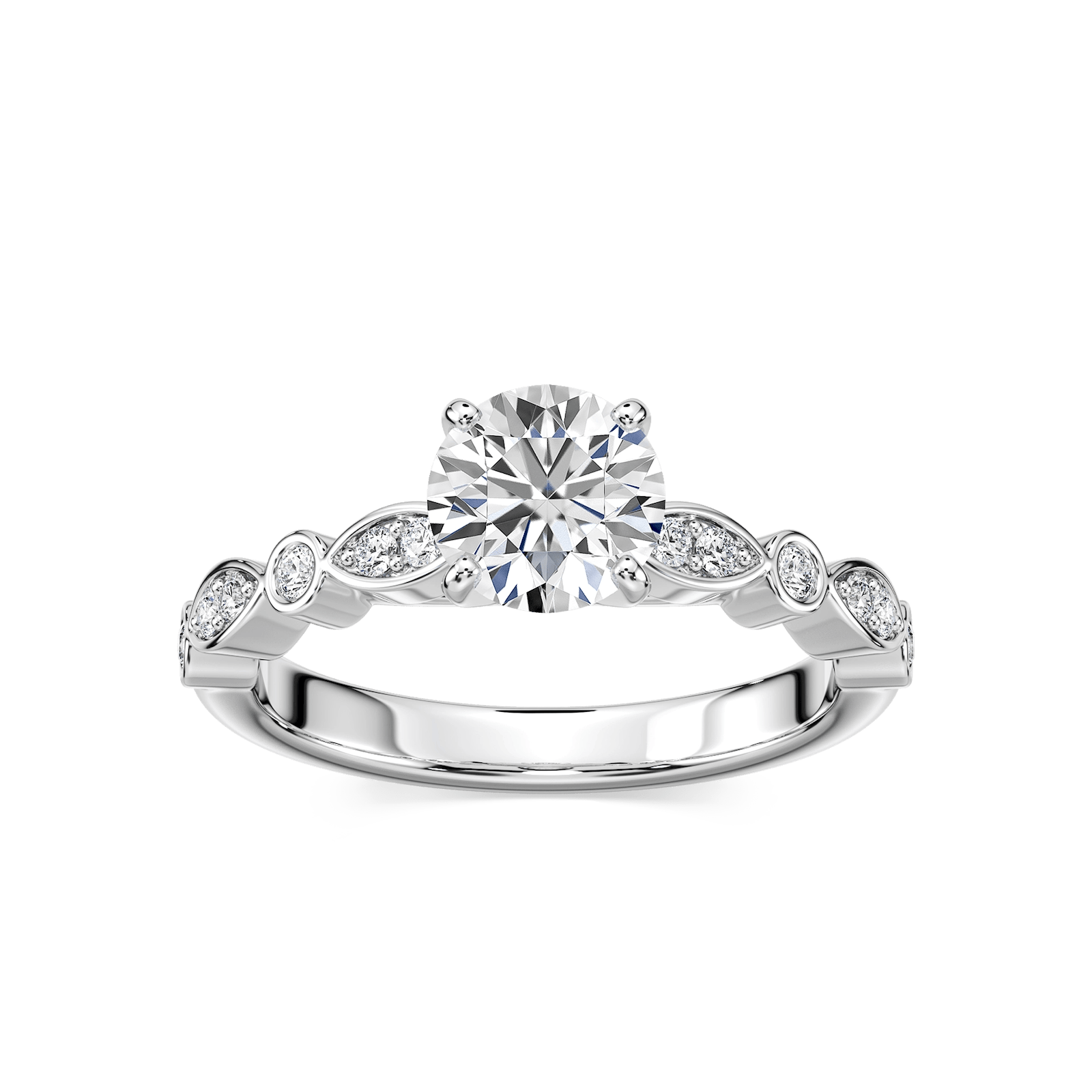 Shown here with a 1.0ct Round Cut Lab Grown Diamond center stone in 14K Rose Gold|diamond accented engagement ring with round cut lab grown diamond center stone set in 14k rose gold recycled metal