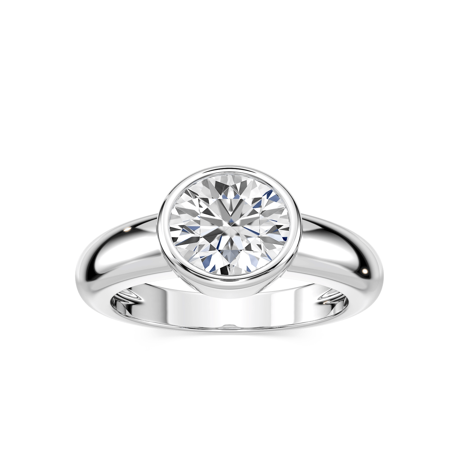 Shown with 1ct Round Cut Lab Grown Diamond in 14k White Gold|Modern minimalistic bezel solitaire engagement ring with 1ct round cut lab grown diamond in thick 14k white gold band