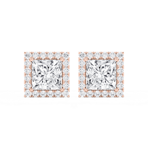 Princess Lab Grown Diamond Four Prong Basket Halo Stud Earrings