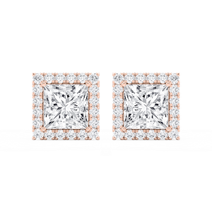 Princess Lab Grown Diamond Four Prong Basket Halo Stud Earrings
