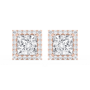 Princess Lab Grown Diamond Four Prong Basket Halo Stud Earrings