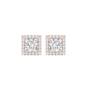 Princess Lab Grown Diamond Four Prong Basket Halo Stud Earrings