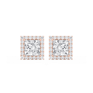 Princess Lab Grown Diamond Four Prong Basket Halo Stud Earrings