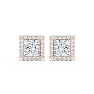 Princess Lab Grown Diamond Four Prong Basket Halo Stud Earrings