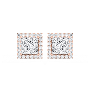 Princess Lab Grown Diamond Four Prong Basket Halo Stud Earrings