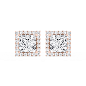 Princess Lab Grown Diamond Four Prong Basket Halo Stud Earrings
