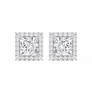 Princess Lab Grown Diamond Four Prong Basket Halo Stud Earrings