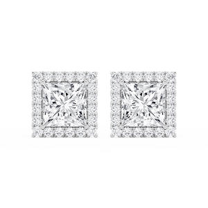 Princess Lab Grown Diamond Four Prong Basket Halo Stud Earrings