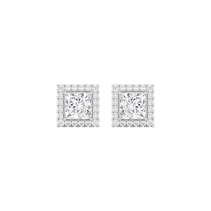 Princess Lab Grown Diamond Four Prong Basket Halo Stud Earrings