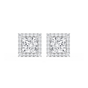 Princess Lab Grown Diamond Four Prong Basket Halo Stud Earrings