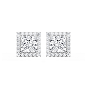Princess Lab Grown Diamond Four Prong Basket Halo Stud Earrings